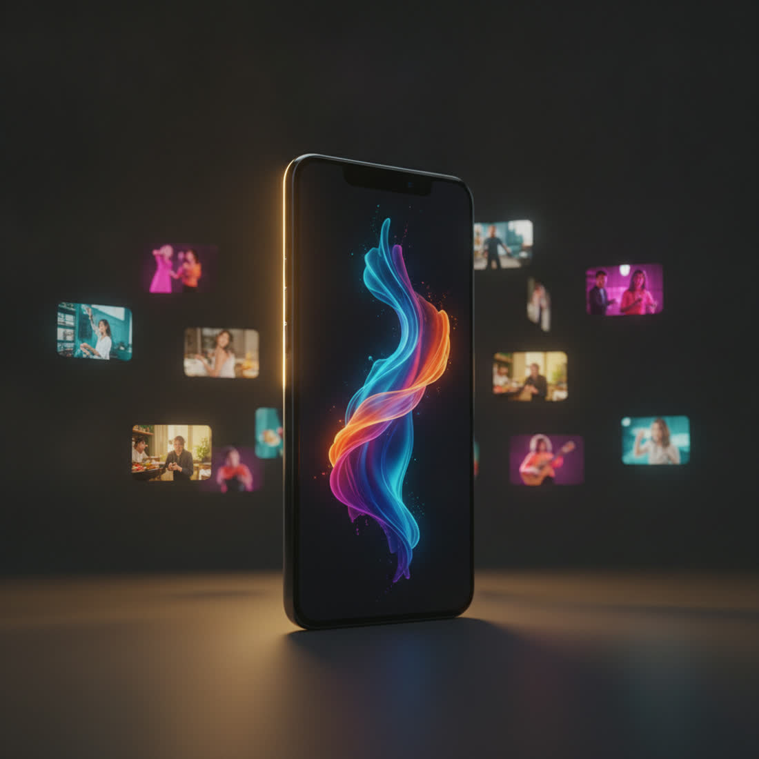 A phone displaying vivid short-form video surrounded by floating content thumbnails