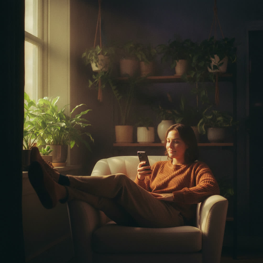 A creator relaxed by a window in warm afternoon light