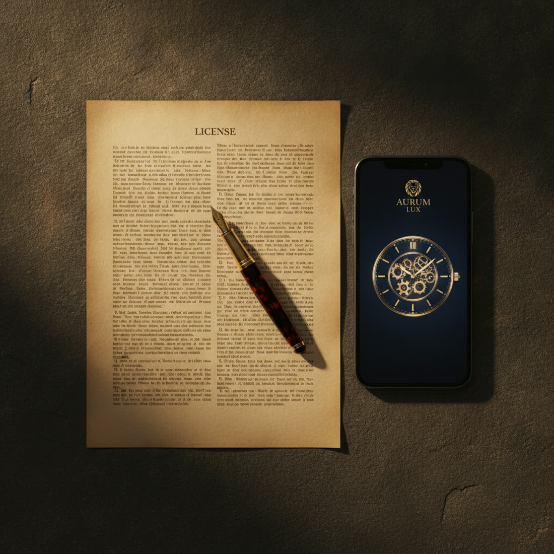 A printed licence document beside a phone showing a branded reel